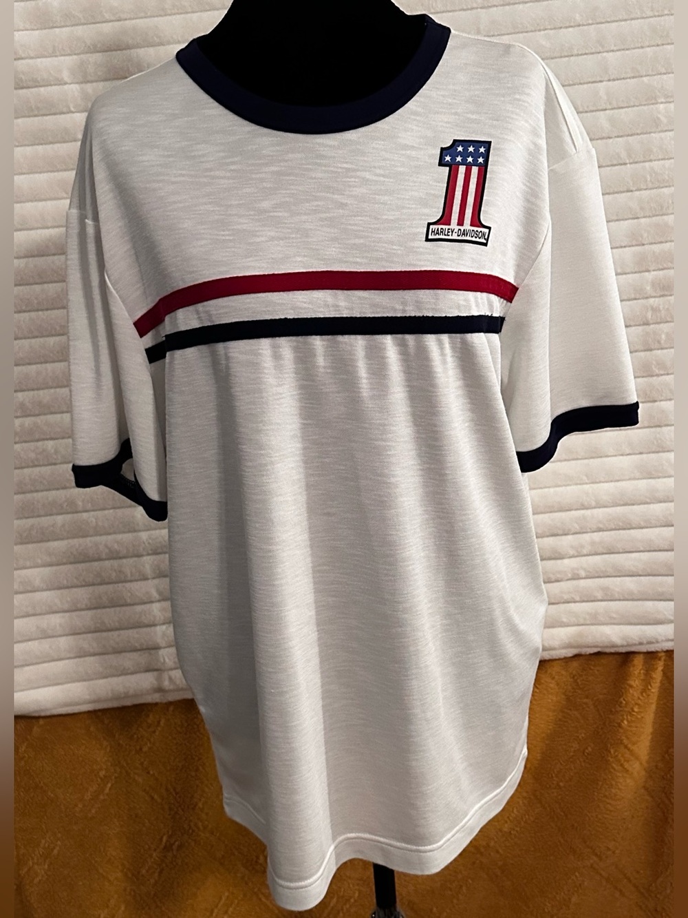 Harley-Davidson White Short Sleeve Tee with Red & Navy Stripes